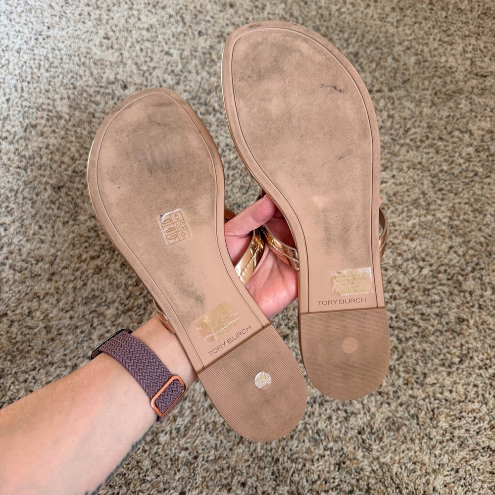 Tory Burch Rose Gold Mirrored Metallic Patent Leather Miller Sandal - Picture 11 of 13